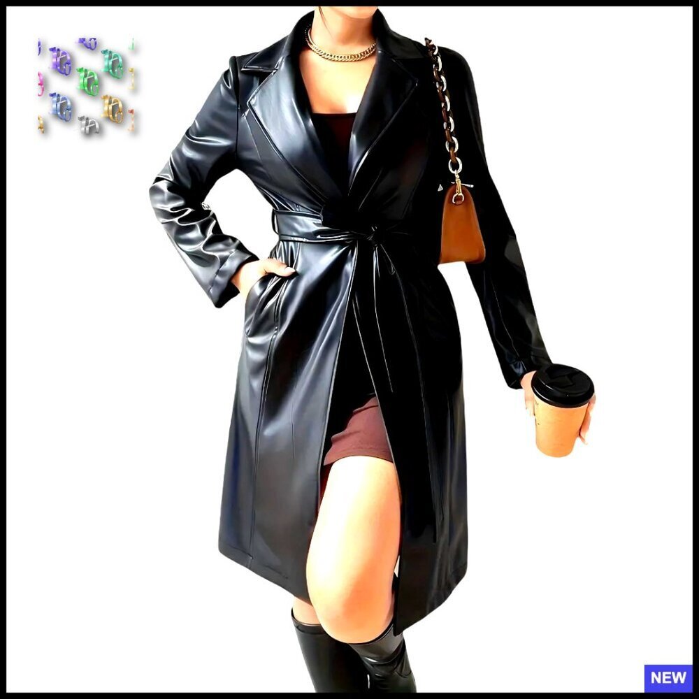 Leather Trench Coat Classic Motorcycle Biker Jacket With Belt Long Sleeve